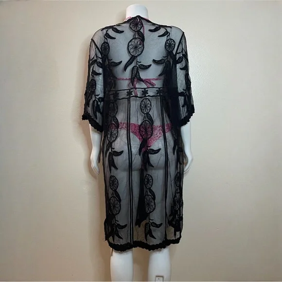 Black embroidered dream catcher lacebeach cover up kimono